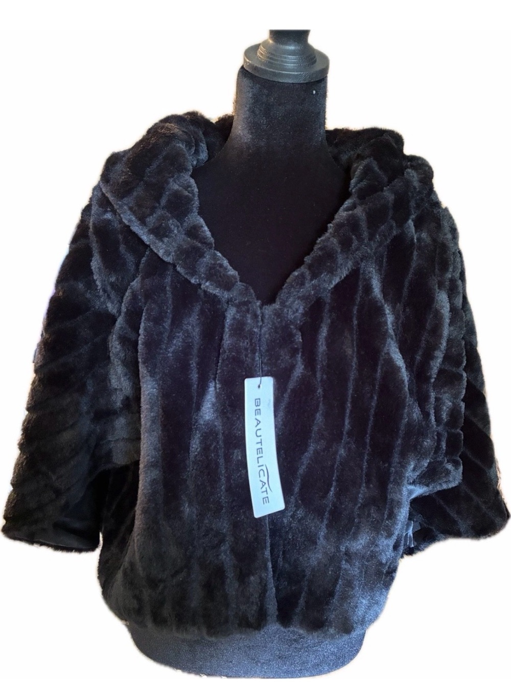 Women's Black Faux Fur Hooded Shawl or Wrap Size 8-18
